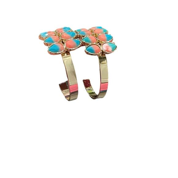 Turquoise and Pink Teardrop Gold Plated Hoop Stud Earrings - Picture 5 of 5